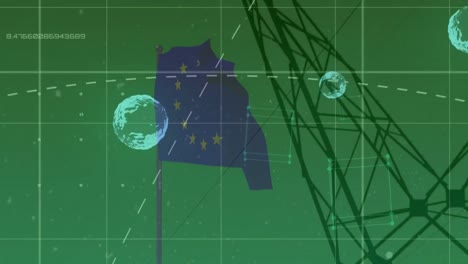 Animation-of-globes,-european-union-flag-over-green-background-with-electricity-pole