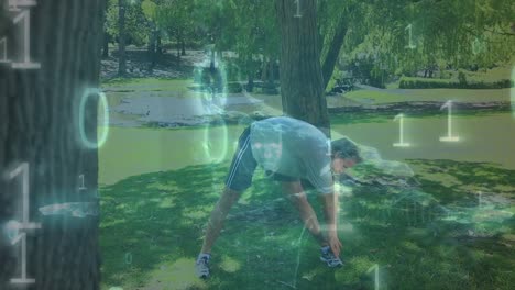Animation-of-binary-coding-data-processing-over-caucasian-man-stretching-in-park