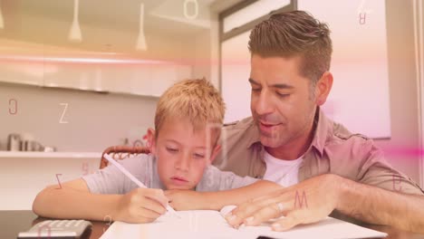 Animation-of-letters-over-happy-caucasian-father-with-son-learning
