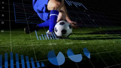 Animation-of-graphs-and-data-over-legs-of-caucasian-soccer-player-at-stadium