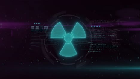Animation-of-green-nuclear-sign-and-data-processing-with-glitch-over-black-background
