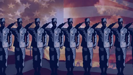 Animation-Einer-Reihe-Männlicher-Soldaten,-Die-über-Der-Amerikanischen-Flagge-Salutieren