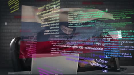 Animation-Eines-Kaukasischen-Männlichen-Hackers-über-Datenverarbeitung-Und-Flagge-Russlands