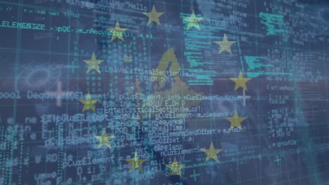 Animation-Der-Flagge-Und-Karte-Der-Europäischen-Union-über-Die-Datenverarbeitung-Auf-Blauem-Hintergrund