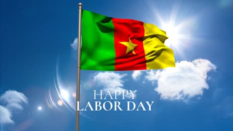 Animation-of-happy-labor-day-text-over-flag-of-cameroon-and-clouds