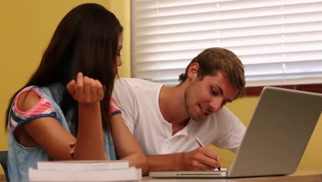 Glückliche-Studenten,-Die-Gemeinsam-Am-Laptop-Arbeiten