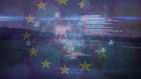 Animation-of-diverse-data-and-european-union-flag-over-moving-clocks