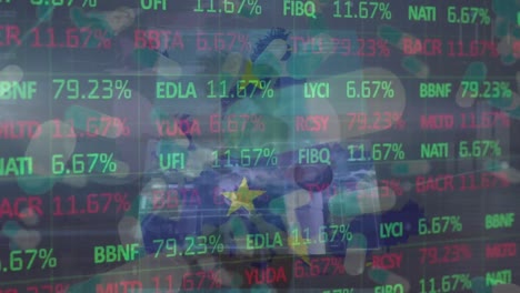 Animation-of-financial-data-over-diverse-data-on-moving-screens-in-background-and-map-of-europe