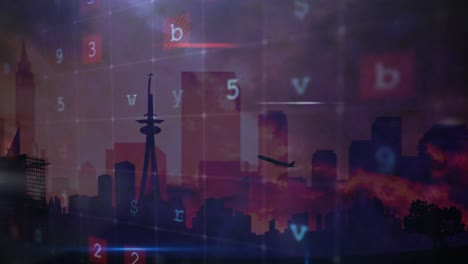 Animation-of-cyber-attack-warning-over-cityscape-on-red-background