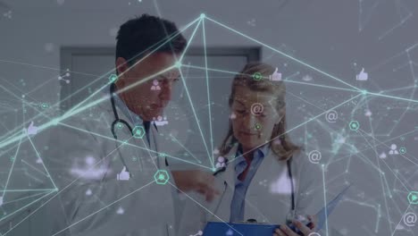 Animation-of-network-of-connections-over-caucasian-doctors