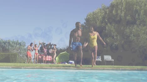 Animation-of-bubbles-over-smiling-african-american-friends-at-pool-party