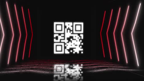 Animation-of-neon-qr-code-with-lines-over-black-background