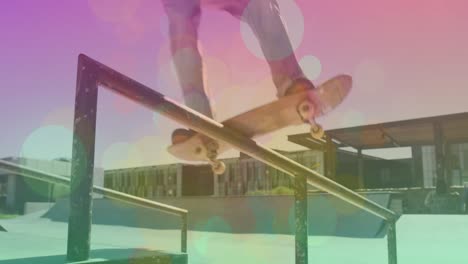 Animation-Von-Bunten-Flecken-über-Kaukasischem-Mann-Beim-Skateboarden