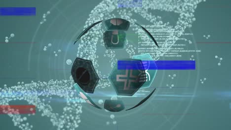 Animation-of-glitch-and-globe-with-icons-over-dna-on-green-background