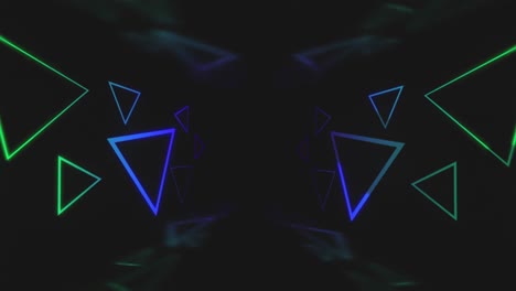 Animation-of-purple-and-green-neon-light-triangles-flickering-on-black-background