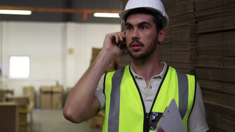 Warehouse-worker-talking-on-the-phone-holding-clipboard