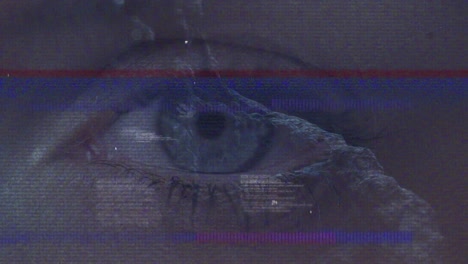 Animation-of-screen-with-glitch-and-diverse-data-over-dna-chain-with-female-eye-in-background