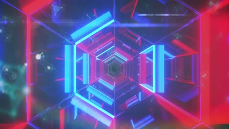 Animation-of-neon-hexagons-made-of-lights-moving-on-black,-blue-and-red-background