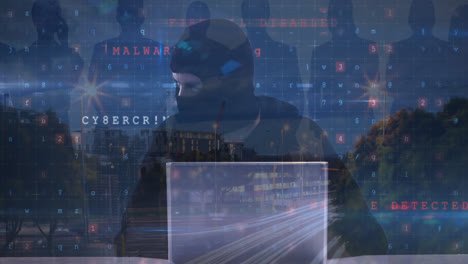 Animation-of-caucasian-male-hacker,-cyber-attack-warning-and-people-silhouettes-over-cityscape