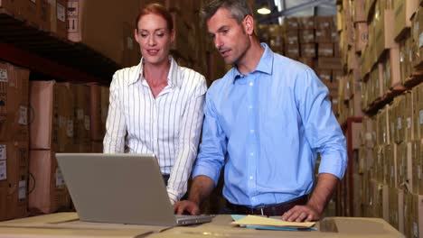 Warehouse-management-talking-and-looking-at-laptop