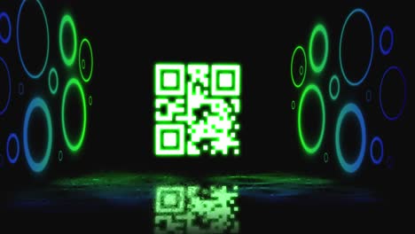 Animation-of-neon-qr-code-with-circles-over-black-background