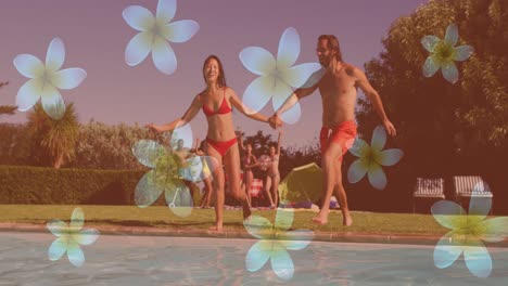 Animation-of-flower-icons-over-smiling-caucasian-friends-at-pool-party