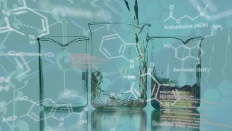 Animation-of-data-processing-and-chemical-formula-over-beakers-with-liquid