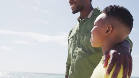 Smiling-african-american-father-with-son-embracing-on-sunny-beach
