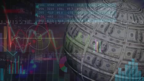 Animation-of-data-processing-over-globe-of-banknotes