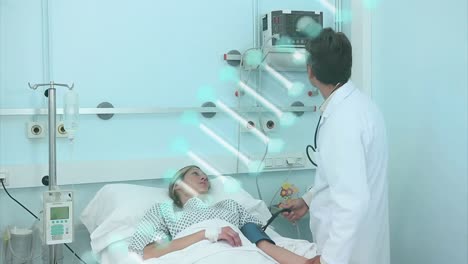 Animation-of-dan-rotating-over-caucasian-male-doctor-and-female-patient-in-hospital
