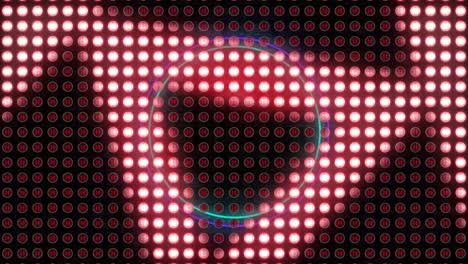 Animation-of-neon-circle-with-triangle-over-red-and-white-dotted-background