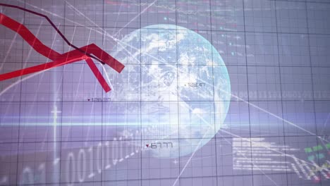 Animation-of-financial-data-processing-with-red-lines-over-globe-and-grid