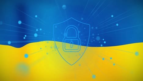 Animation-of-blue-dots-and-shield-with-padlock-over-flag-of-ukraine
