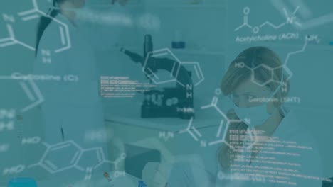 Animation-of-data-processing-and-chemical-formula-over-diverse-scientists