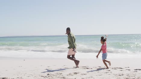 Lächelnder-Afroamerikanischer-Vater-Mit-Tochter,-Die-Am-Sonnigen-Strand-Spielt