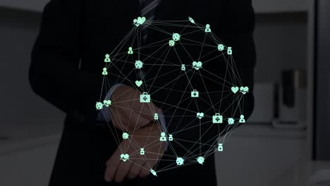 Animation-of-network-of-connections-with-icons-over-men-using-smartphone