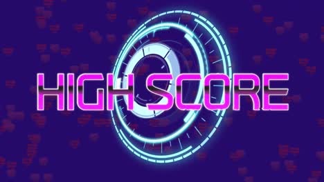 Animation-of-high-score-text-over-scope-scanning-and-hearts-on-blue-background