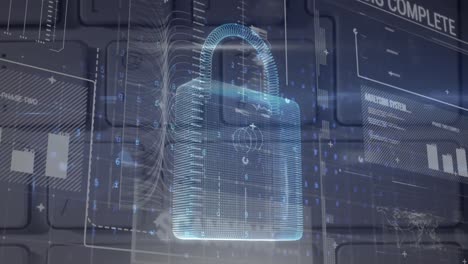 Animation-of-security-padlock-and-data-processing-over-navy-background