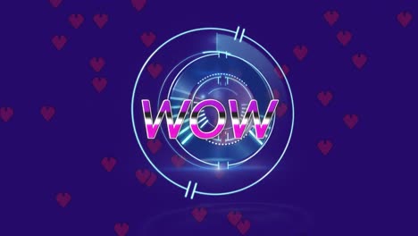Animation-of-wow-text-over-scope-scanning-and-hearts-on-blue-background