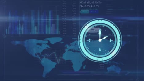 Animation-of-clock-data-processing-and-map-on-navy-background