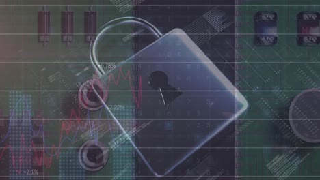Animation-of-security-padlock-over-data-processing-on-dark-background