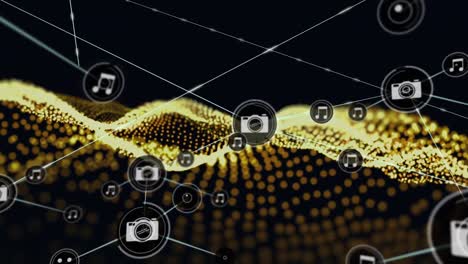 Animation-of-network-of-connections-over-yellow-wave-on-black-background