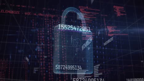 Animation-of-security-padlock-and-data-processing-over-navy-background
