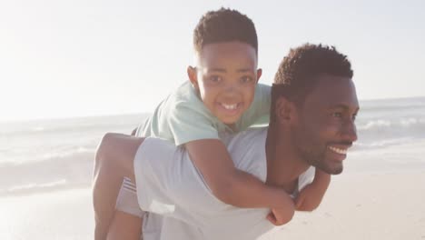 Porträt-Eines-Lächelnden-Afroamerikanischen-Vaters,-Der-Seinen-Sohn-Am-Sonnigen-Strand-Trägt