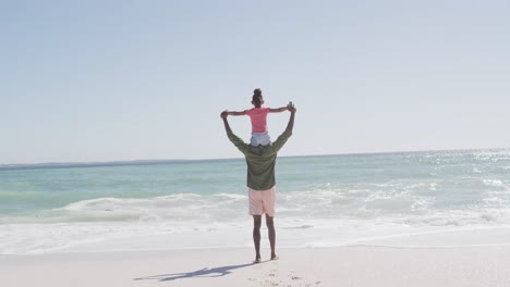 African-american-father-carrying-daughter-with-arms-wide-on-sunny-beach