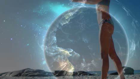 Animation-Von-Verbindungen-Und-Globus-über-Einer-Biracial-Frau,-Die-Bei-Sonnenuntergang-Am-Strand-Yoga-Praktiziert