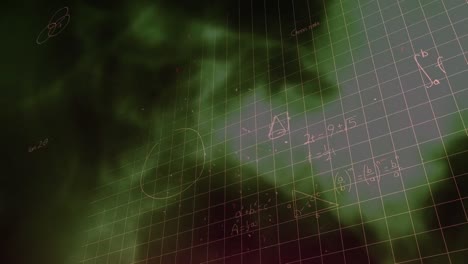 Animation-Mathematischer-Gleichungen-über-Grünen-Formen-Auf-Schwarzem-Hintergrund