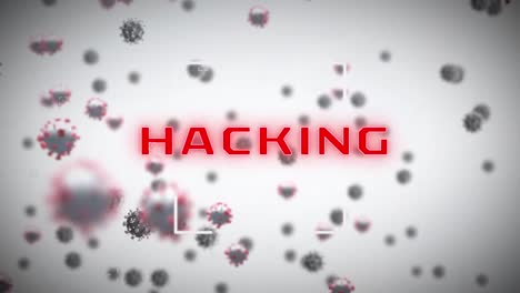 Animation-of-falling-viruses-and-hacking-text-over-white-background