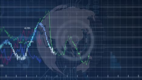 Animation-Von-Finanzdaten-Und-Diagrammen-über-Dem-Globus,-Rotierend-Auf-Marineblauem-Hintergrund