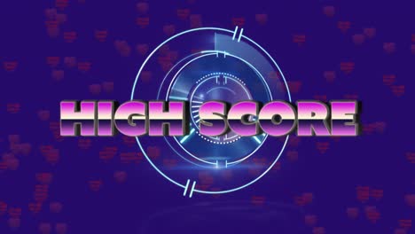 Animation-of-high-score-text-over-scope-scanning-and-hearts-on-blue-background